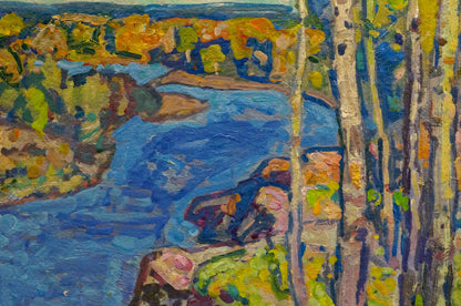 Vibrant impressionist oil painting by Gaiduk Viktor Kirillovich of autumn river landscape