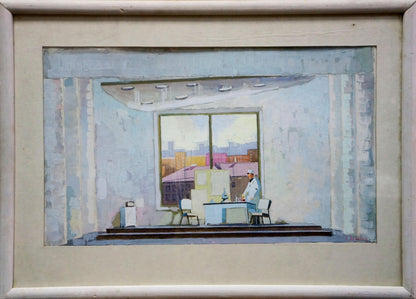 Framed Pastel painting At the Doctors by Deineka, minimalist interior scene