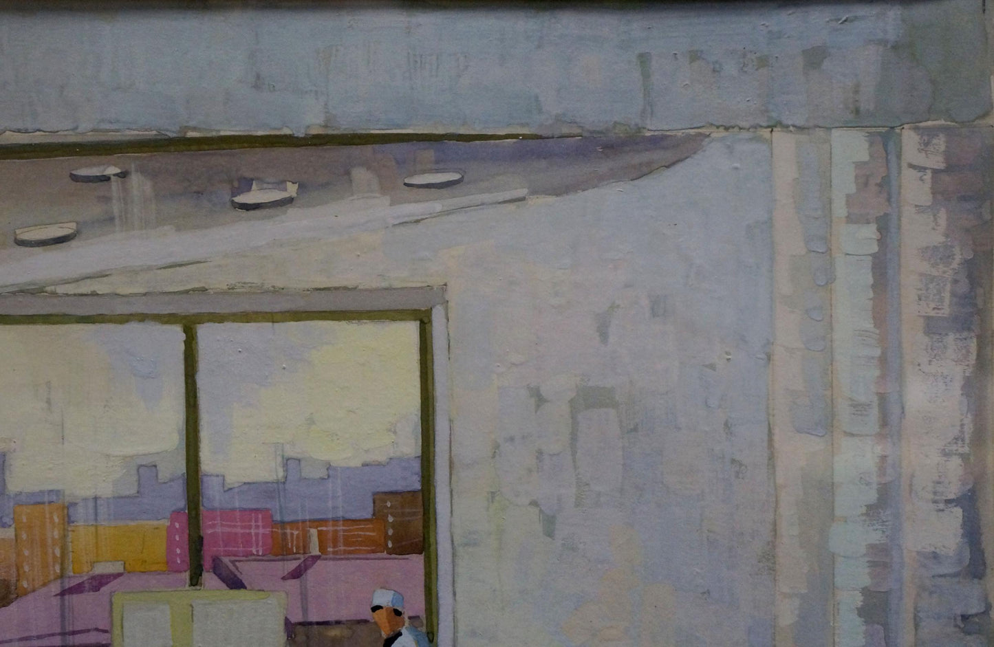 Textured gray concrete wall with colorful cityscape reflection in Deineka painting