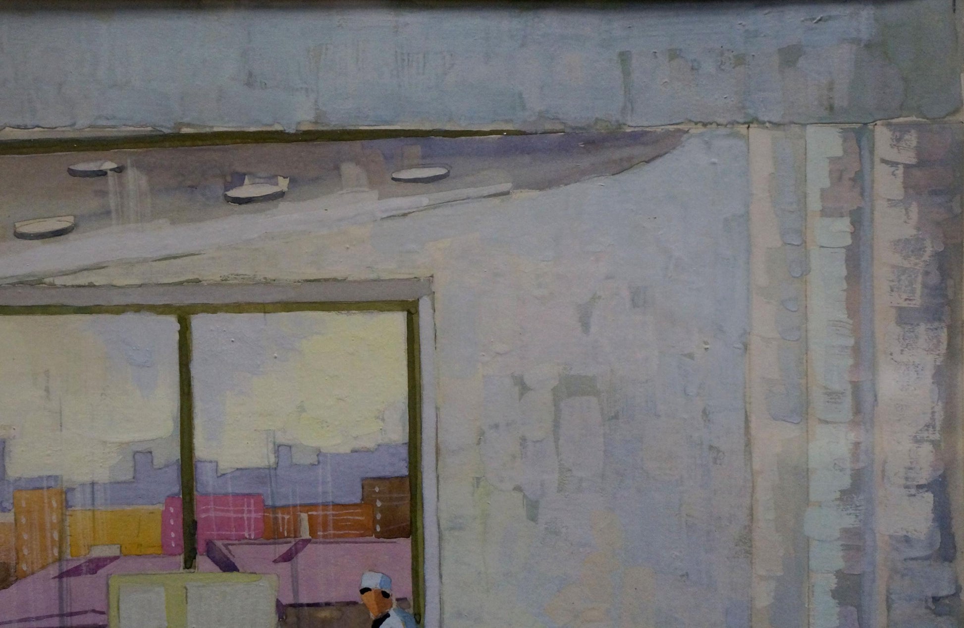 Textured gray concrete wall with colorful cityscape reflection in Deineka painting