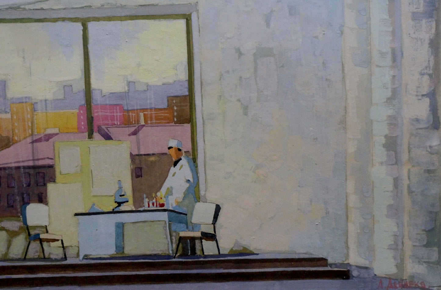 Pastel painting by Deineka Alexander Alexandrovich: scientist at desk viewed through window