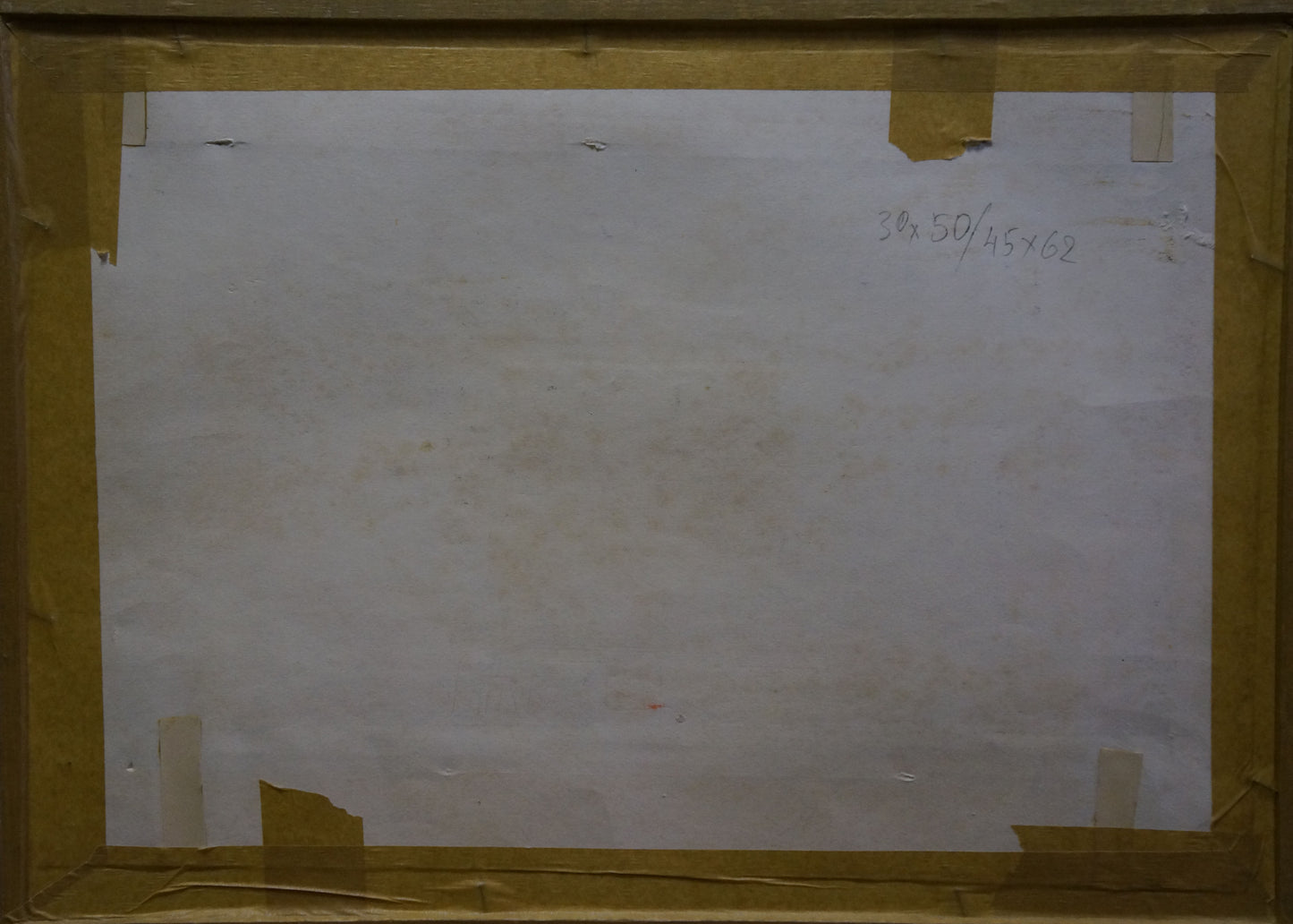 Back of framed Pastel painting At the doctor’s by Deineka Alexander Alexandrovich, beige canvas with yellow tape on wooden frame