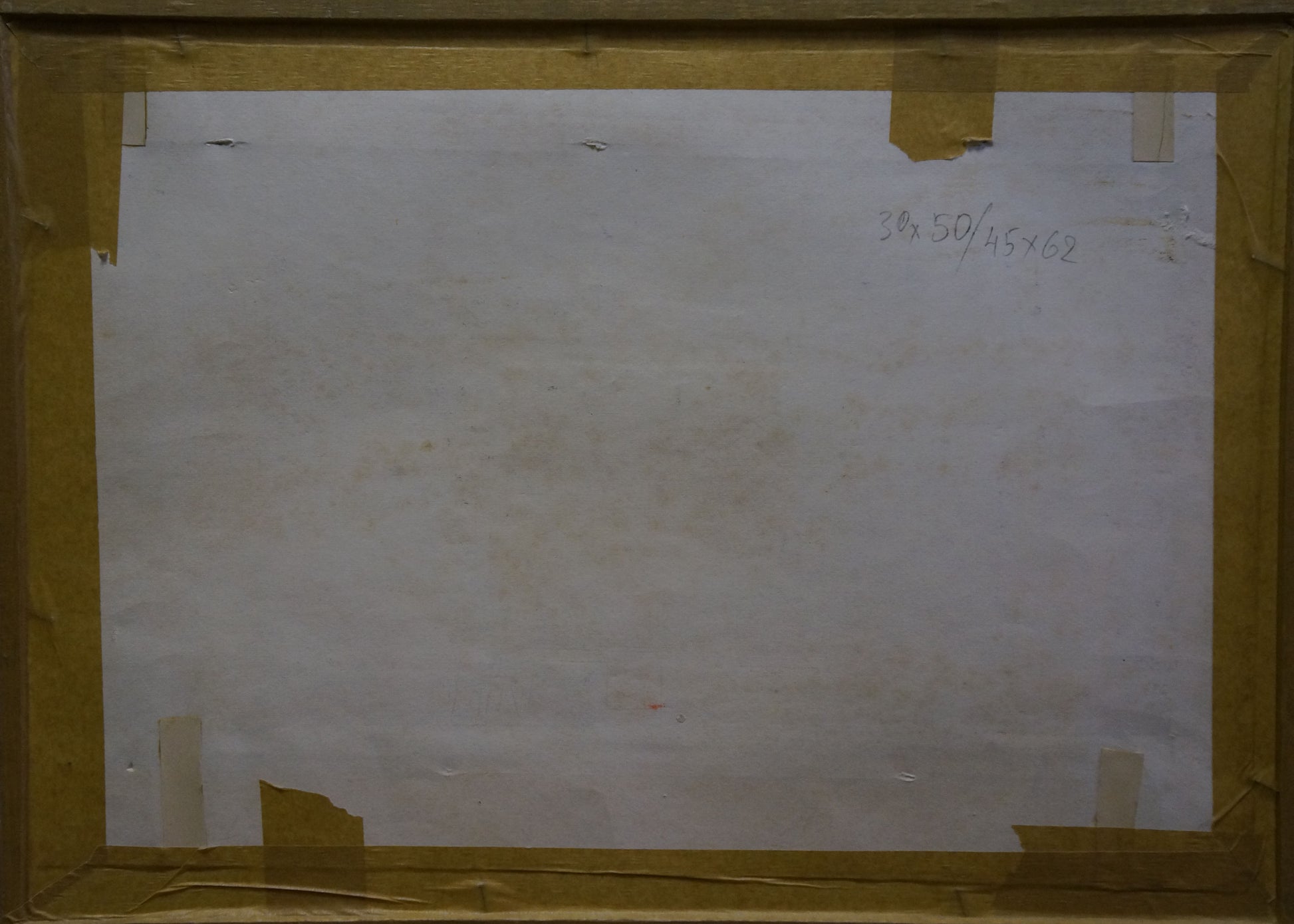 Back of framed Pastel painting At the doctor’s by Deineka Alexander Alexandrovich, beige canvas with yellow tape on wooden frame