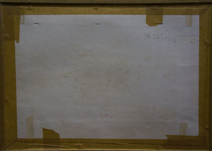 Back of framed Pastel painting At the doctor’s by Deineka Alexander Alexandrovich, beige canvas with yellow tape on wooden frame