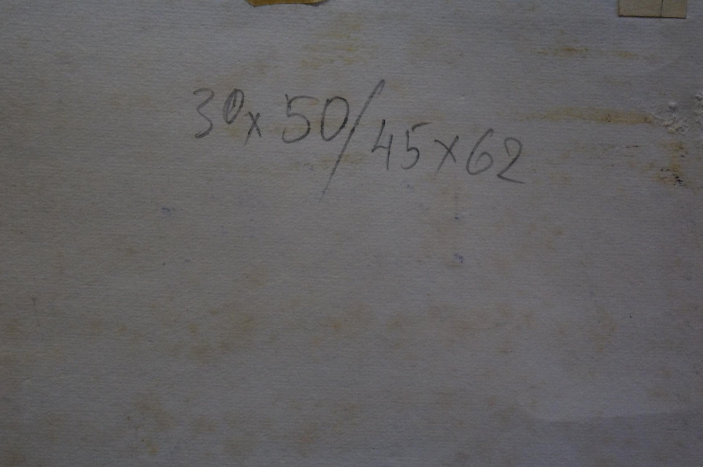 Back of Deineka Pastel painting with handwritten 30x50/45x62 measurements