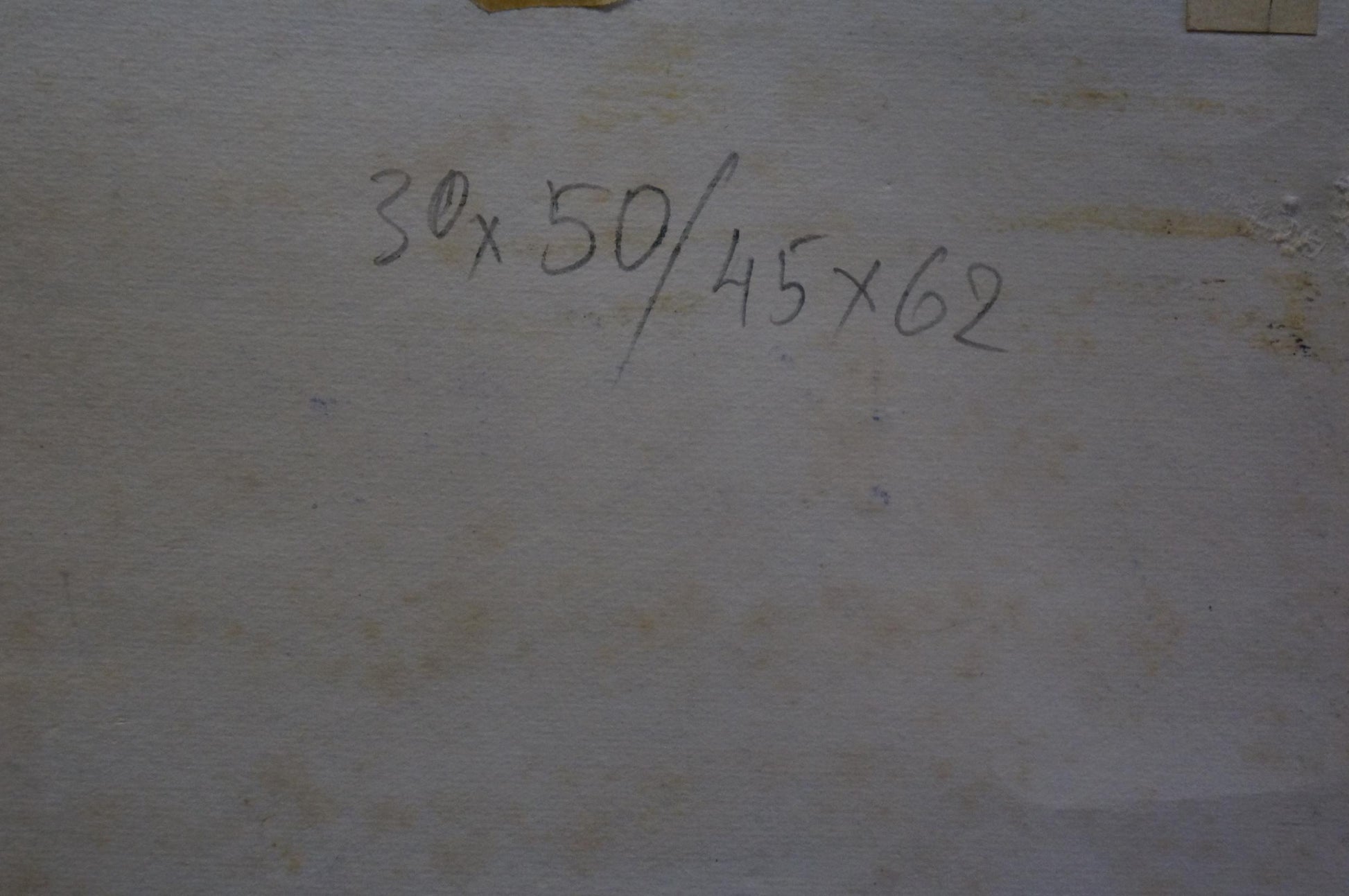 Back of Deineka Pastel painting with handwritten 30x50/45x62 measurements