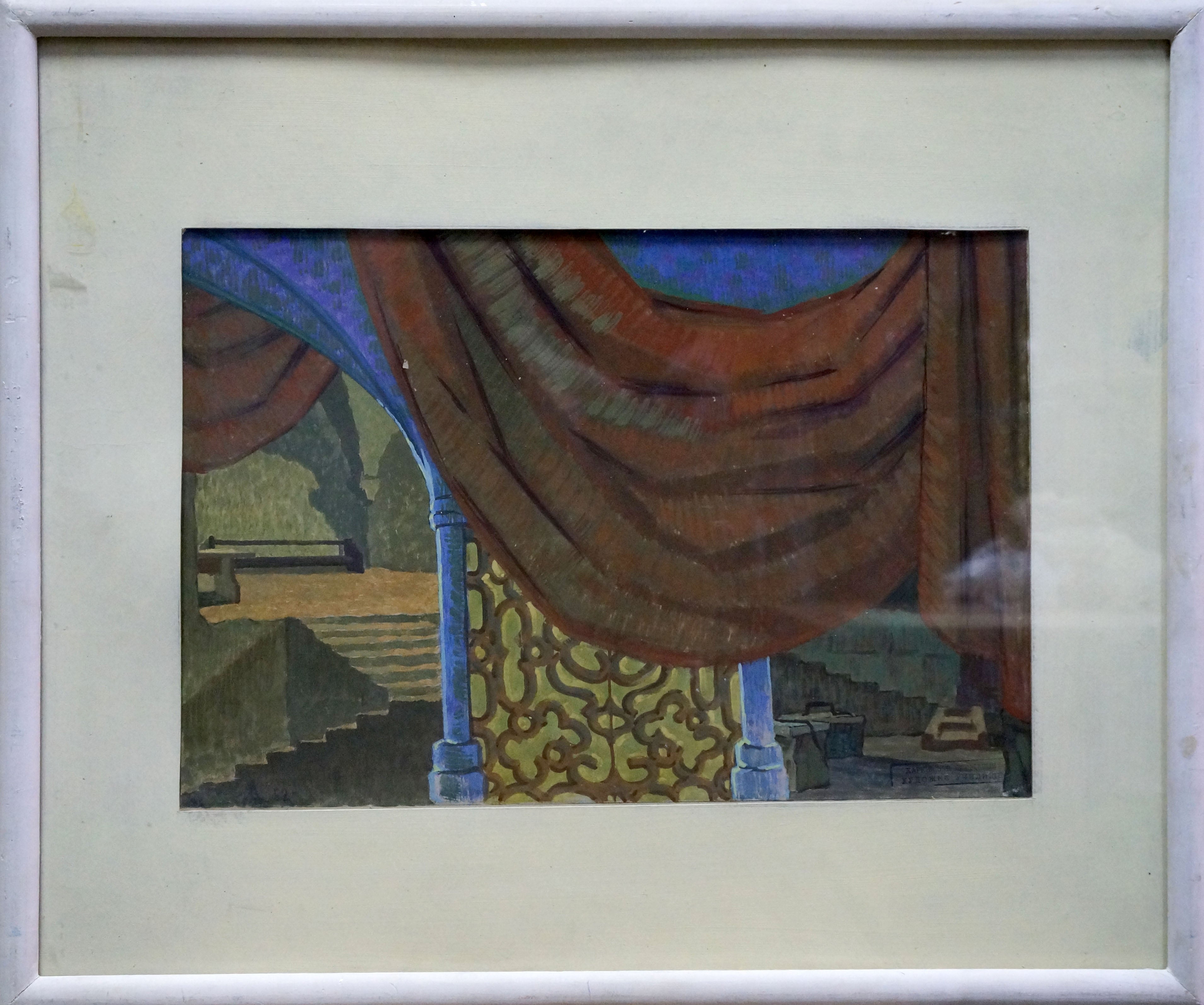Framed Deineka Pastel painting Stairs to the hall with draped curtain