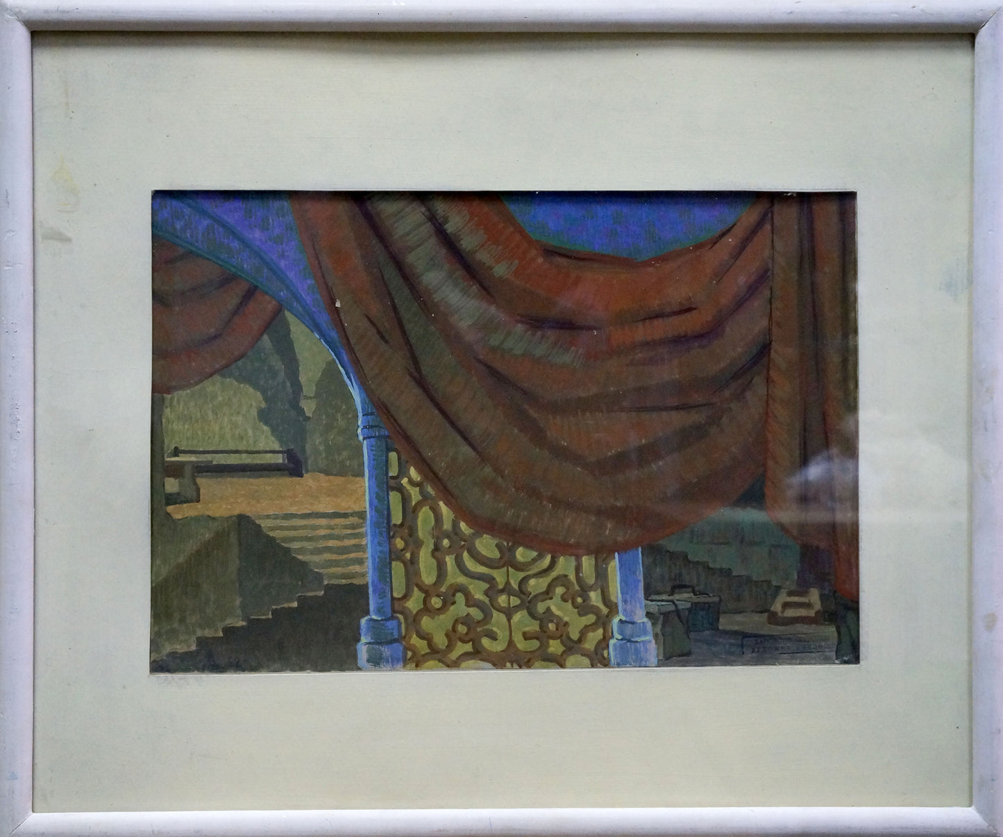 Framed Deineka Pastel painting Stairs to the hall with draped curtain