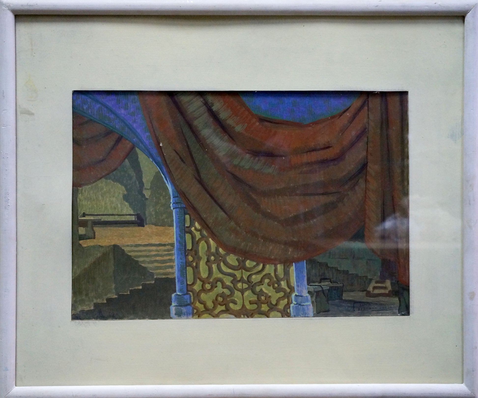 Framed Deineka Pastel painting Stairs to the hall with draped curtain