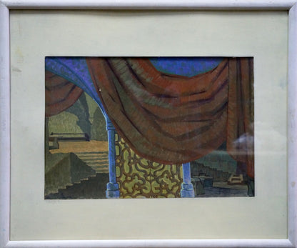 Framed Deineka Pastel painting Stairs to the hall with draped curtain