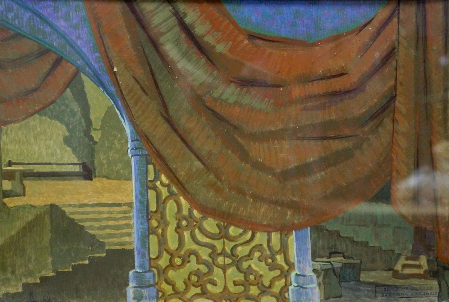Rust-colored drapery over ornate blue gold frame in Deineka Pastel painting