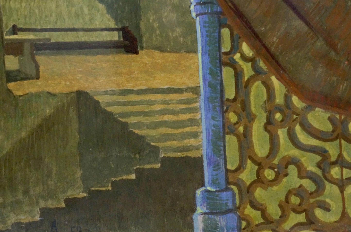Blue pillar with ornate yellow-brown lattice in Deineka Pastel painting Stairs to the hall