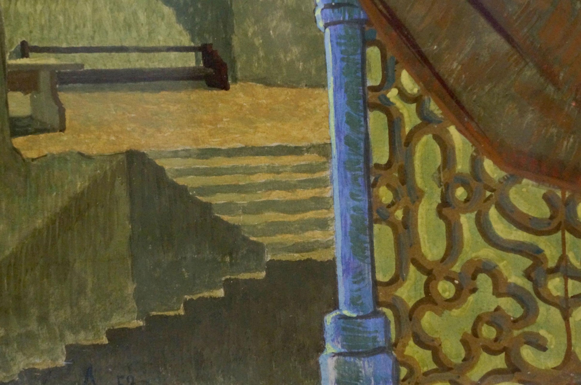 Blue pillar with ornate yellow-brown lattice in Deineka Pastel painting Stairs to the hall