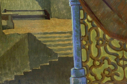 Blue pillar with ornate yellow-brown lattice in Deineka Pastel painting Stairs to the hall