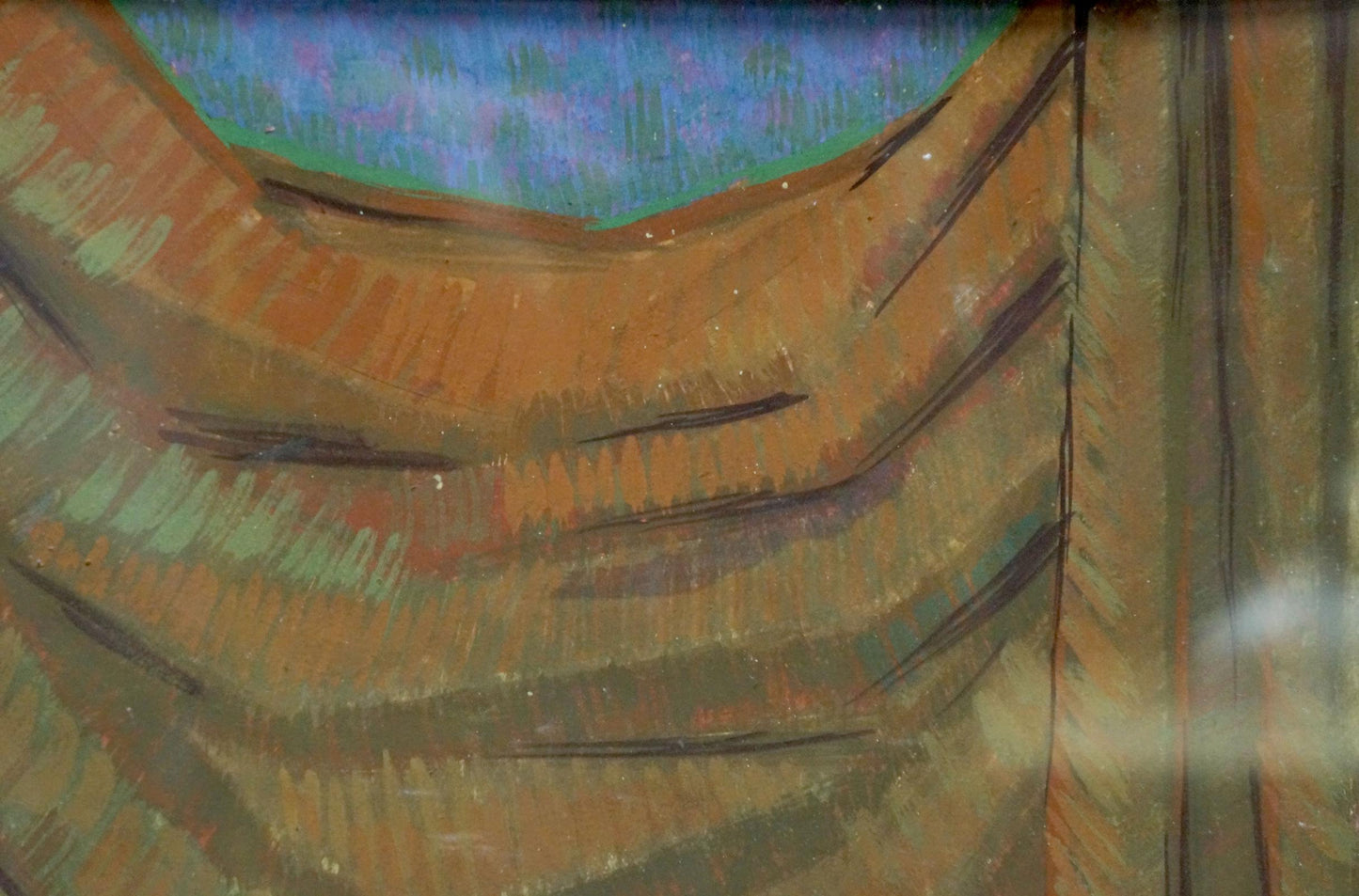 Textured earth-toned fabric in layered folds under painted blue sky, Deineka painting
