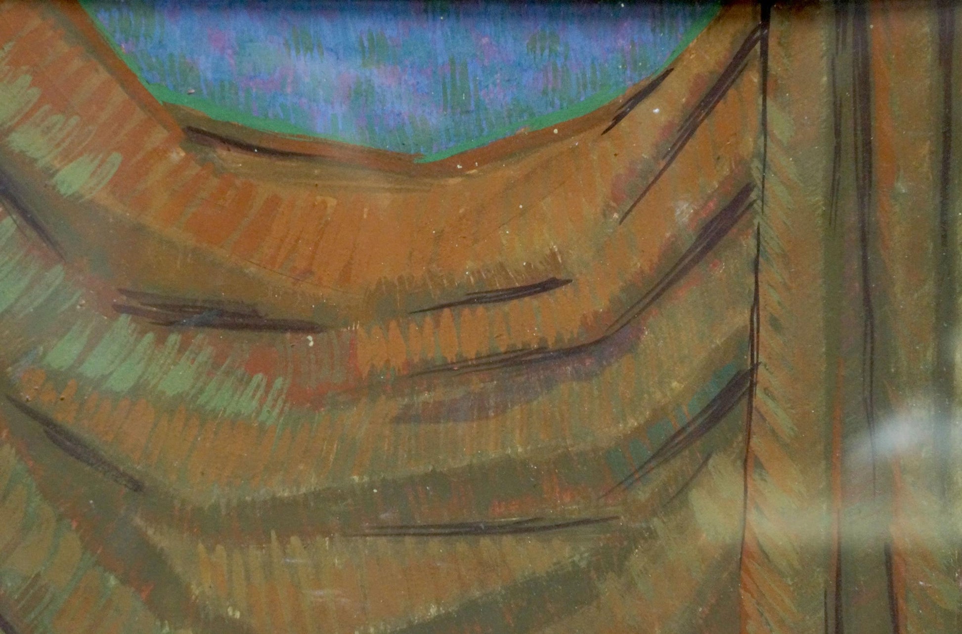 Textured earth-toned fabric in layered folds under painted blue sky, Deineka painting