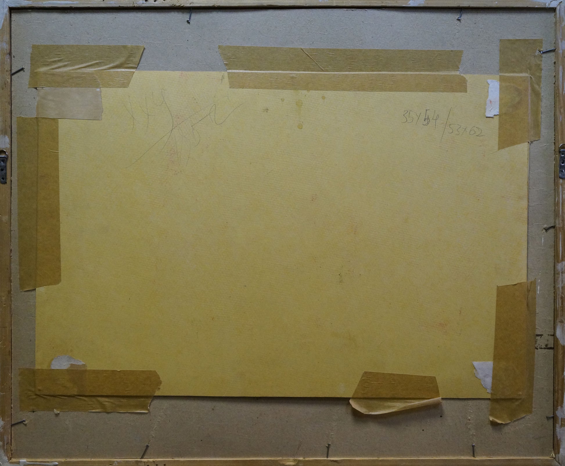 Back of Pastel painting Stairs to the hall by Deineka with yellow paper and brown tape in wooden frame
