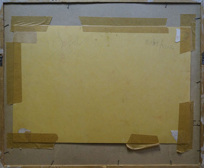 Back of Pastel painting Stairs to the hall by Deineka with yellow paper and brown tape in wooden frame