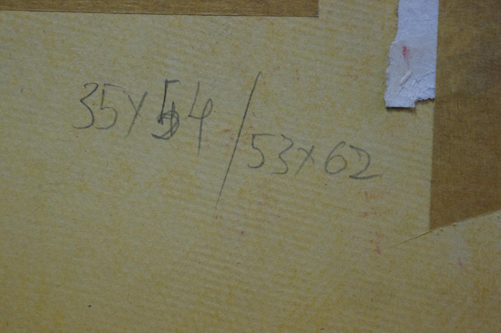 Handwritten measurements in black ink on back of Deineka Pastel painting