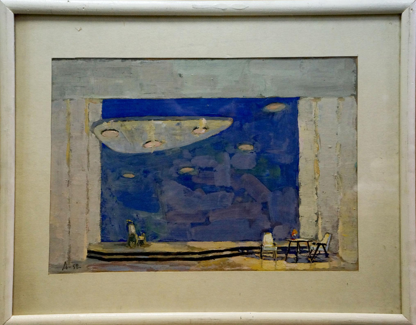 Framed Night by Deineka pastel painting with deep blue abstract circles
