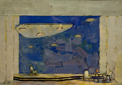 Surreal pastel painting by Deineka Alexander Alexandrovich: pale yellow UFO above empty stage