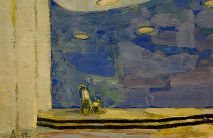 Small yellow wooden wheelchair with black wheels in Deineka pastel painting