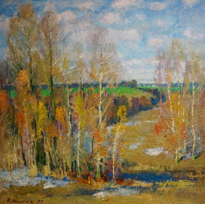 Oil painting After winter by Mynka Alexander Fedorovich: autumn birch trees