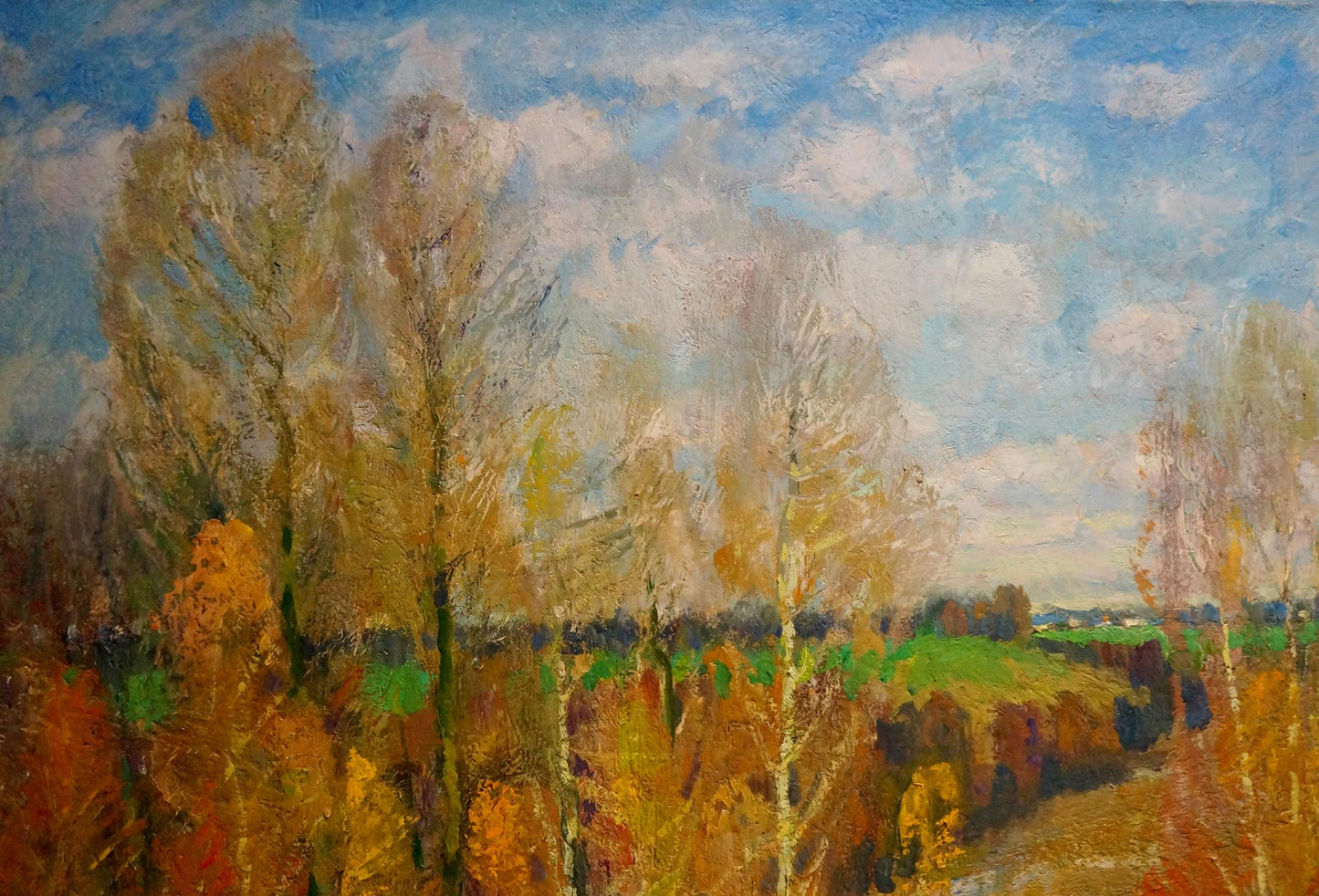 Oil painting After winter by Mynka Alexander Fedorovich, autumn trees golden foliage blue sky