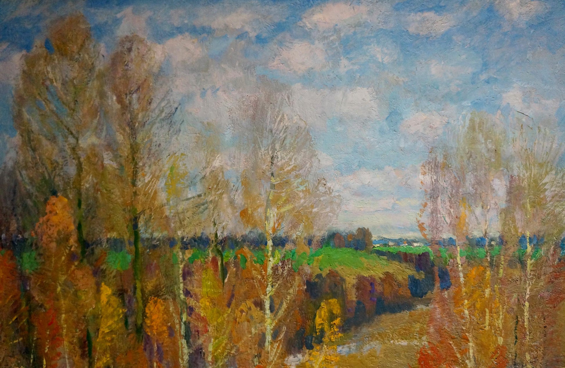 Oil painting After winter by Mynka Alexander Fedorovich: autumn trees golden foliage blue sky