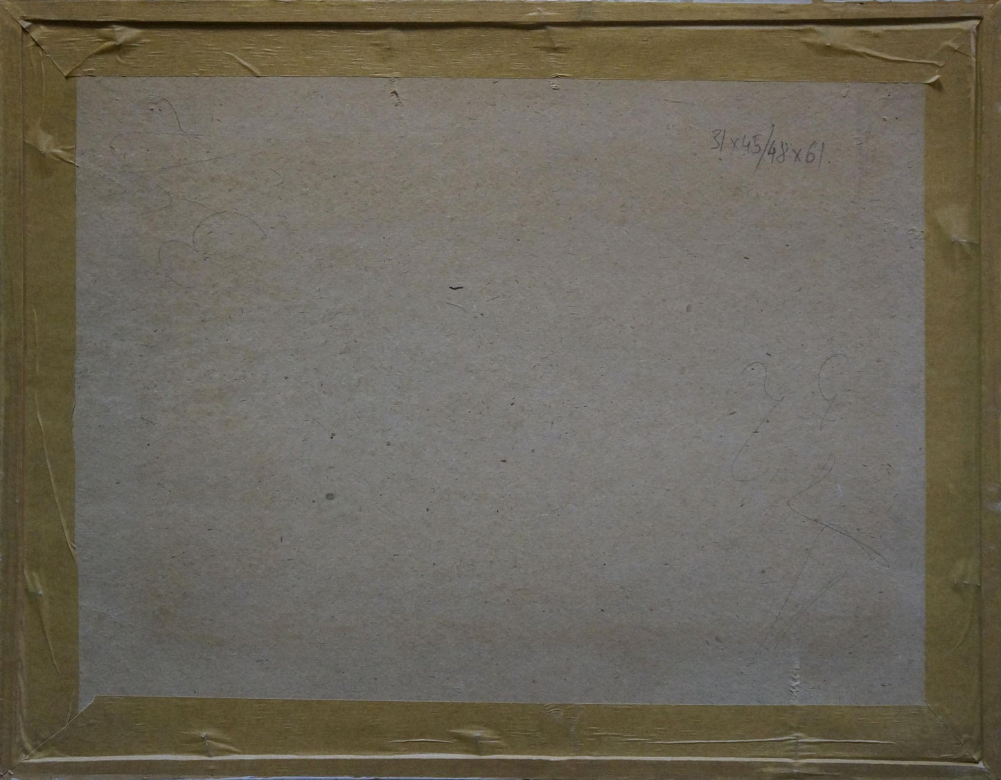 Back of framed Pastel painting Night by Deineka Alexander Alexandrovich with beige cardboard and yellowish tape