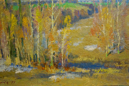Oil painting After winter by Mynka Alexander Fedorovich: autumn birch trees on hillside
