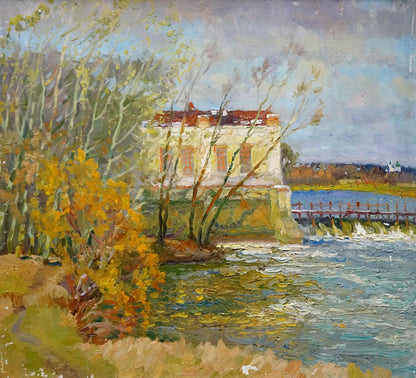 Oil painting of charming off-white stone house by shore by Minka Alexander Fedorovich