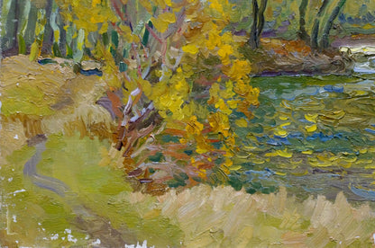 Vibrant impasto oil painting of house by shore with yellow tree and green river by Minka Alexander Fedorovich