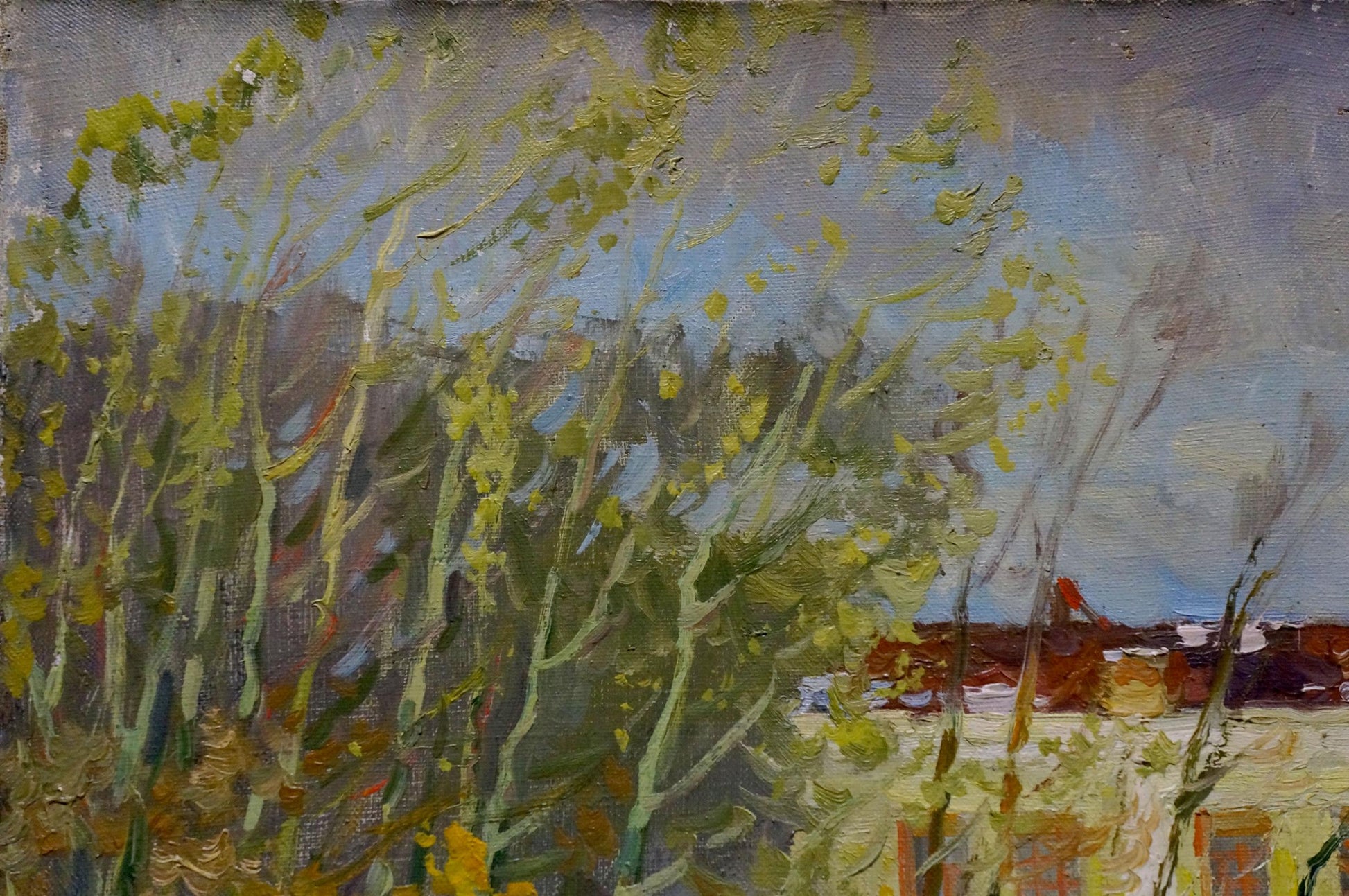 Impressionistic oil painting of house by shore with tall trees by Minka Alexander Fedorovich