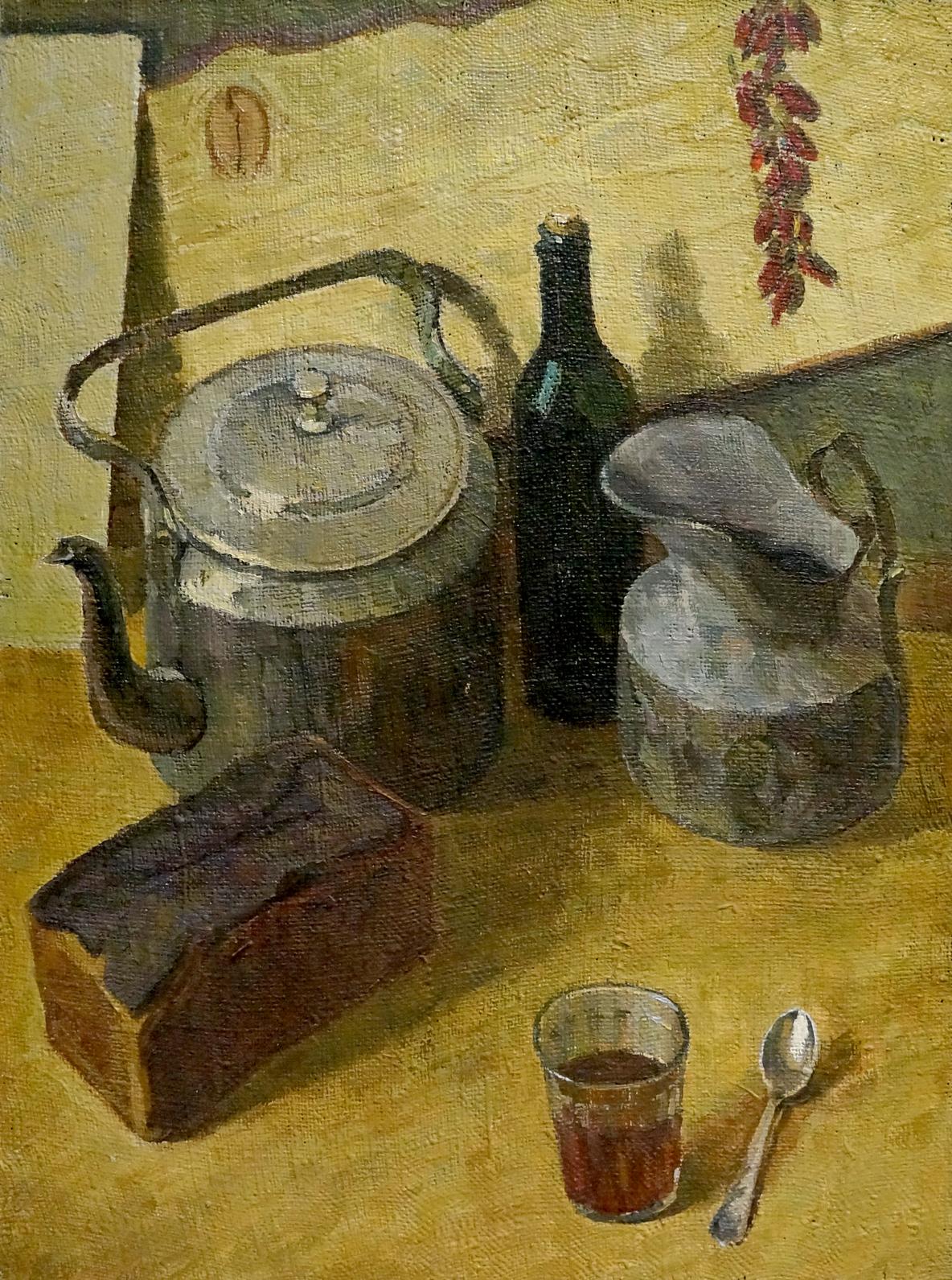 Oil painting of tarnished teapot in still life with bread by Degtyarev Alexander Grigorievich
