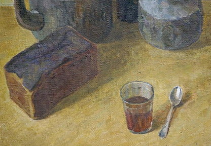 Oil painting of dark brown crusty bread on yellow tablecloth by Degtyarev Alexander Grigorievich