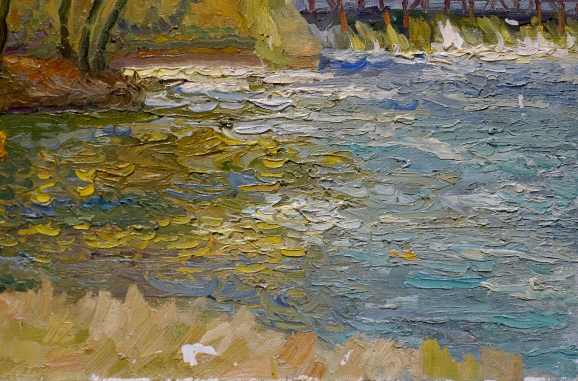 Textured oil painting of river house by the shore by Minka Alexander Fedorovich