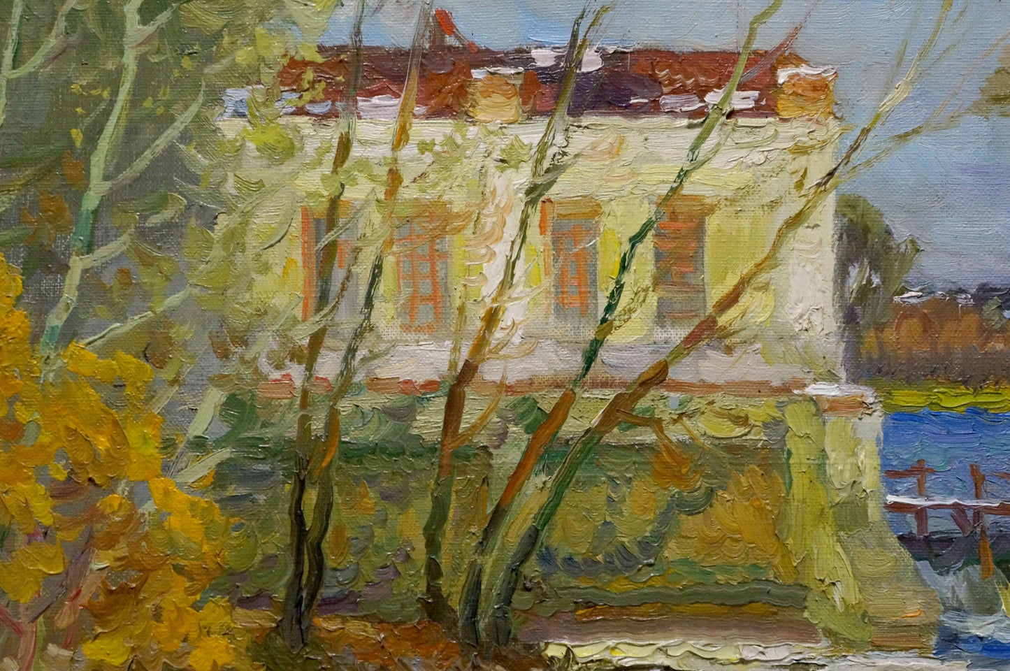 Oil painting of pale yellow house by the shore by Minka Alexander Fedorovich