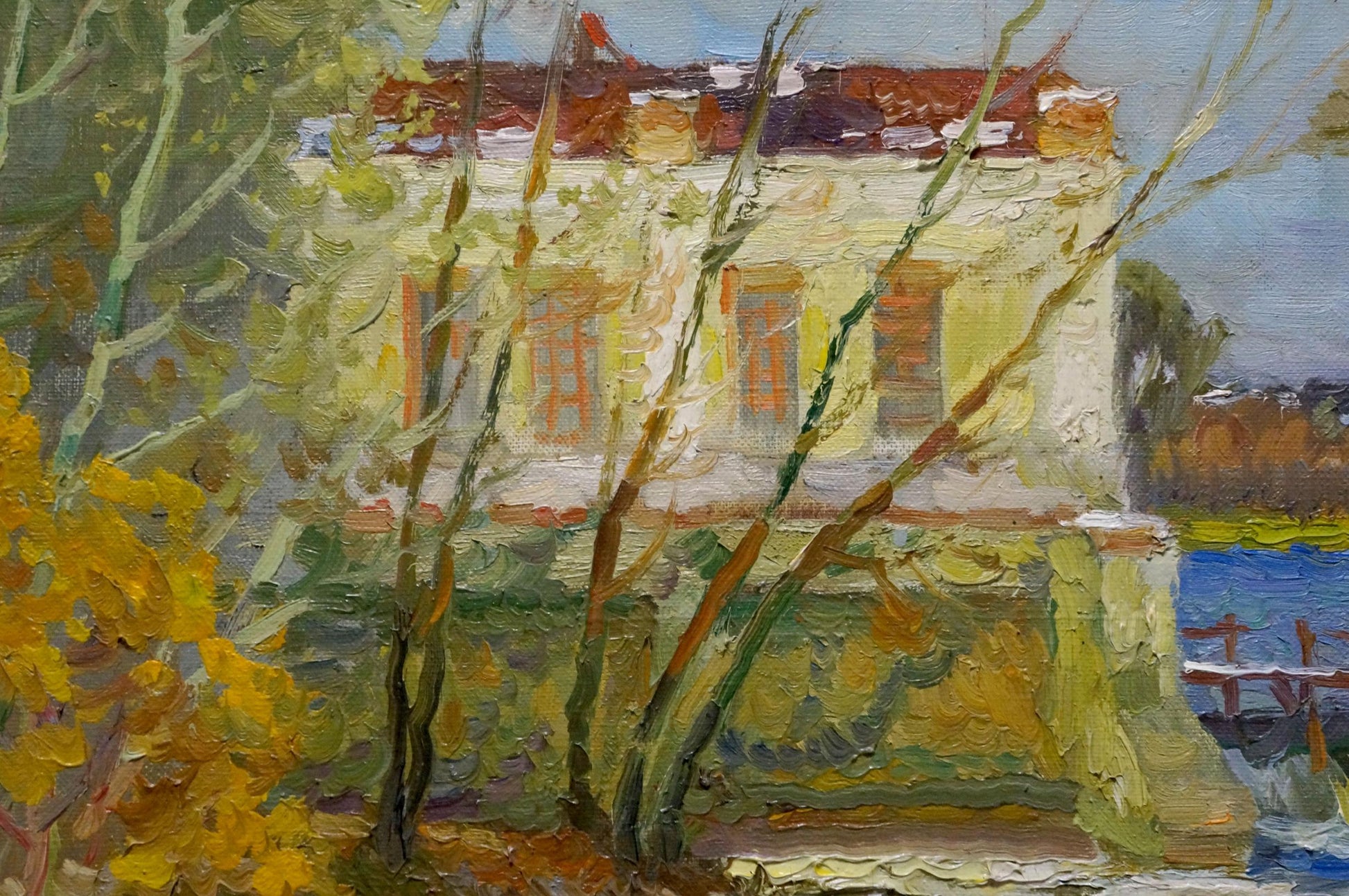 Oil painting of pale yellow house by the shore by Minka Alexander Fedorovich