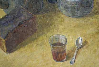 Oil painting of still life with bread, tea, glass and spoon by Degtyarev Alexander Grigorievich