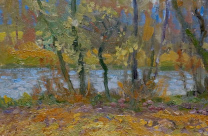Oil painting Autumn landscape by Alexander Minka: impressionistic forest with yellow orange trees by blue waterway