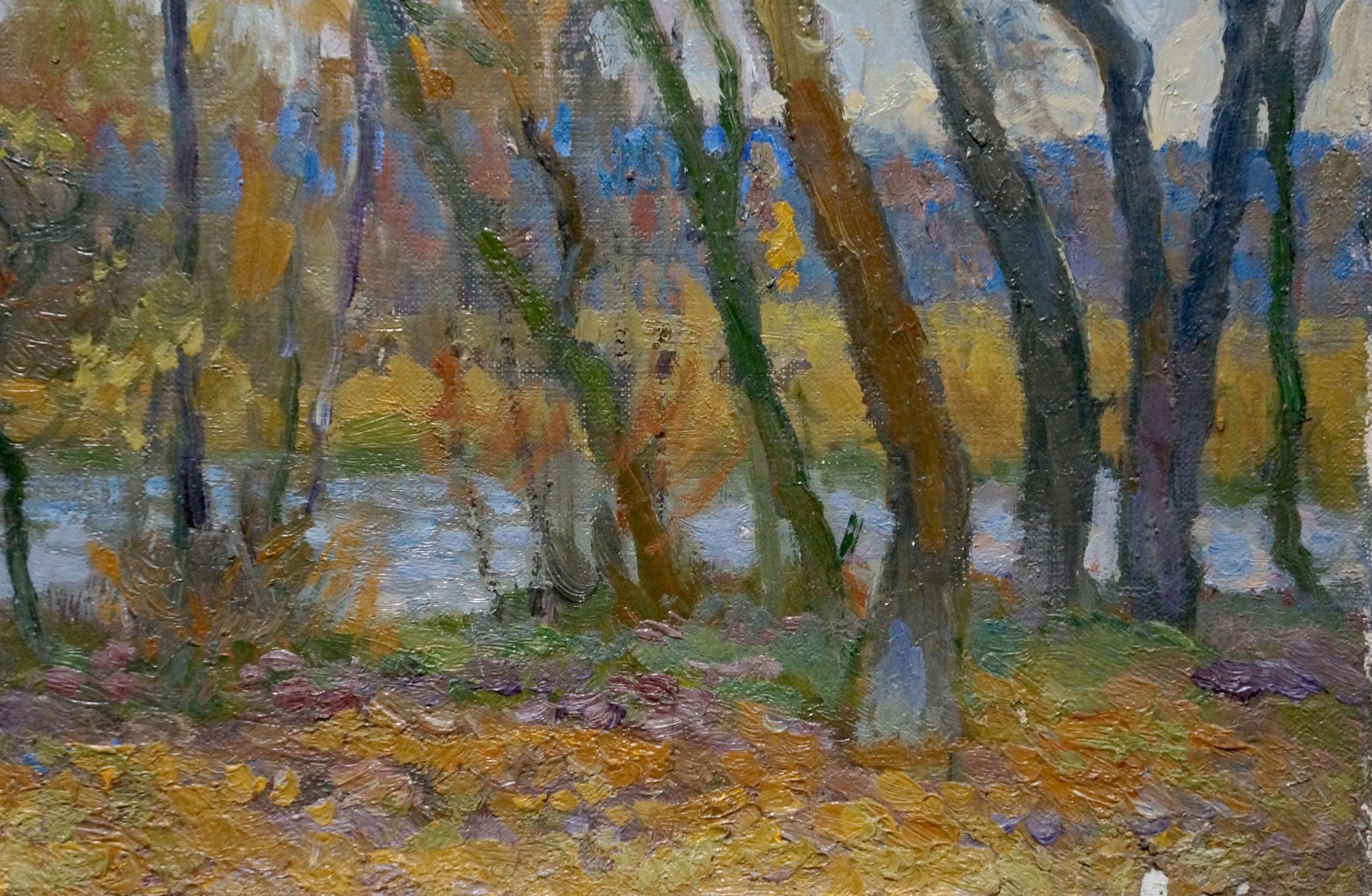 Oil painting Autumn landscape by Alexander Minka: textured forest with yellow foliage