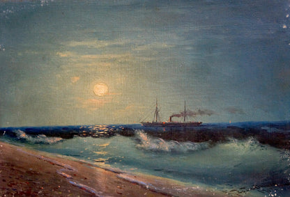 Oil painting of dark steamship sailing moonlit choppy seas by unknown artist