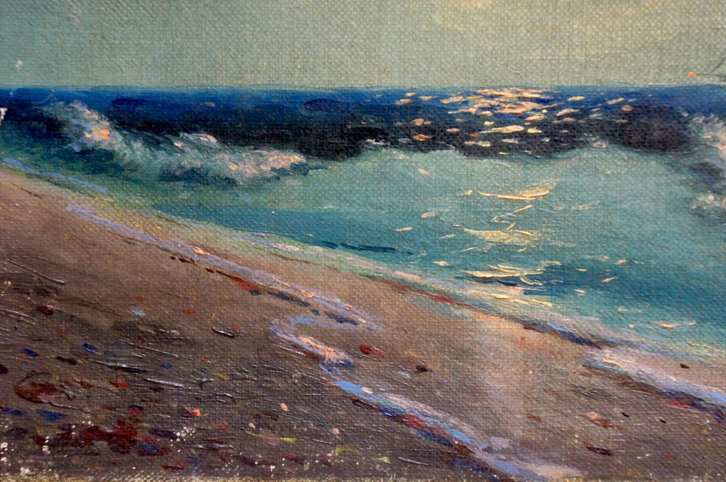 Oil painting of night sea with turquoise waves crashing on shore