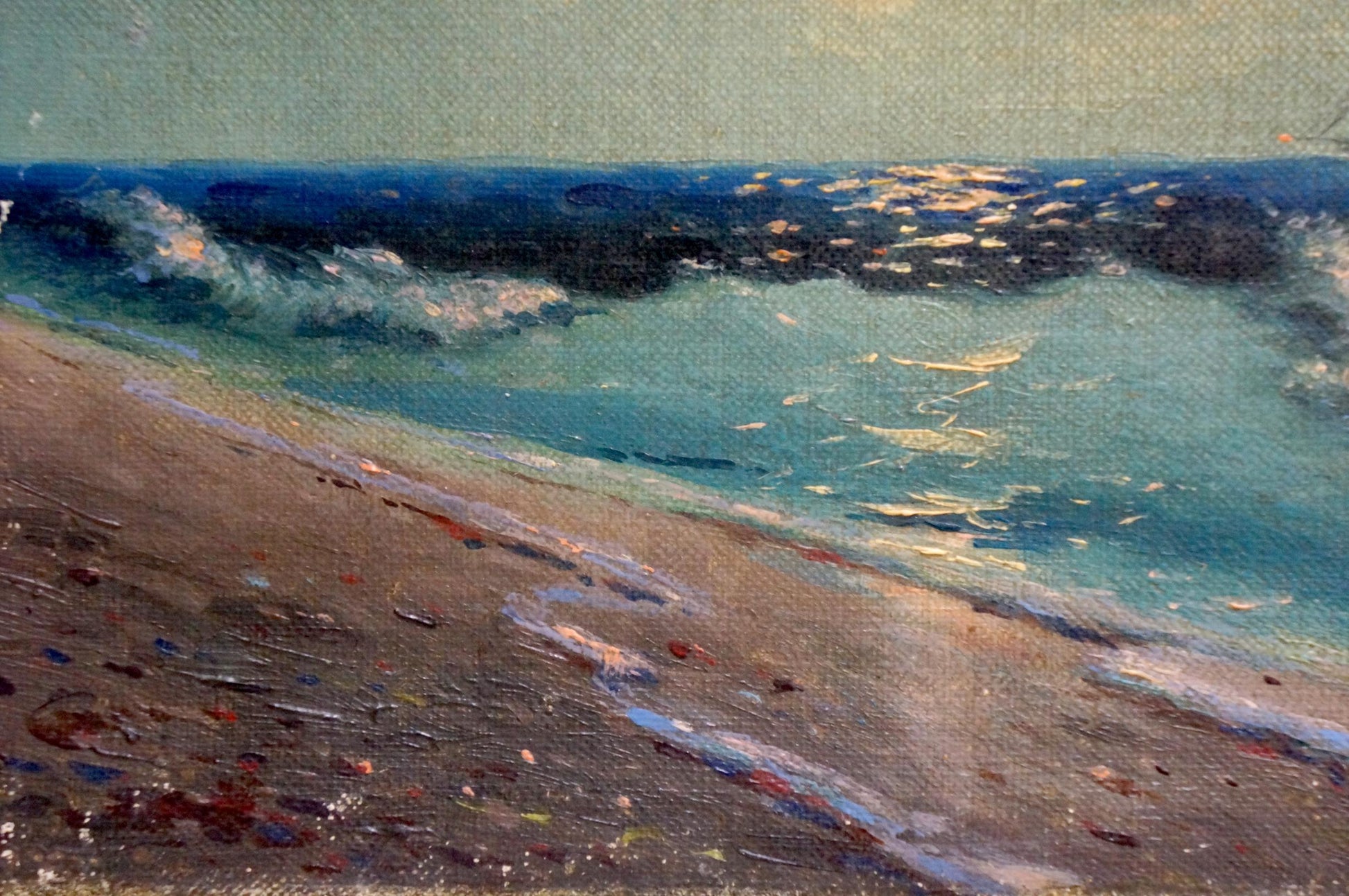 Oil painting of night sea with turquoise waves crashing on shore