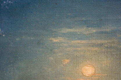 Oil painting Night sea: textured gradient sky from deep blue to orange sun
