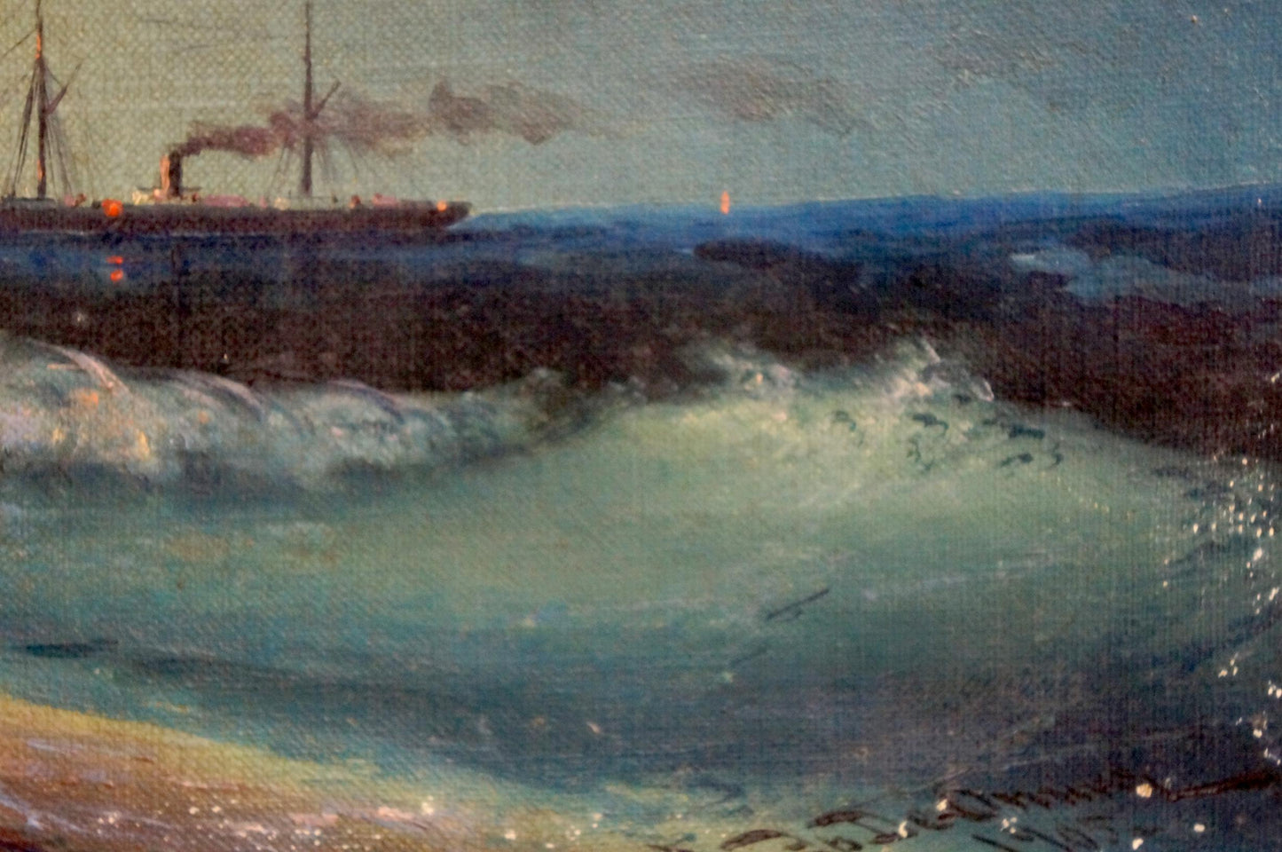 Oil painting Night sea: dark steamship in turbulent waves under overcast sky
