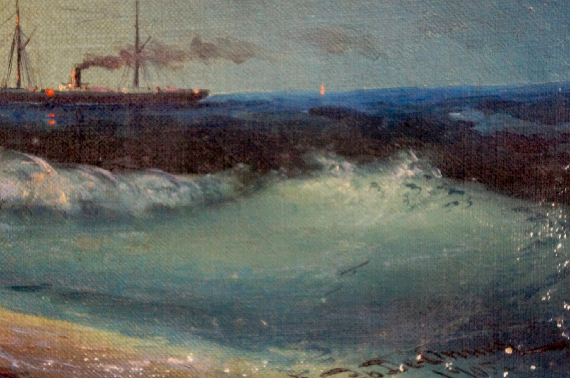 Oil painting Night sea: dark steamship in turbulent waves under overcast sky