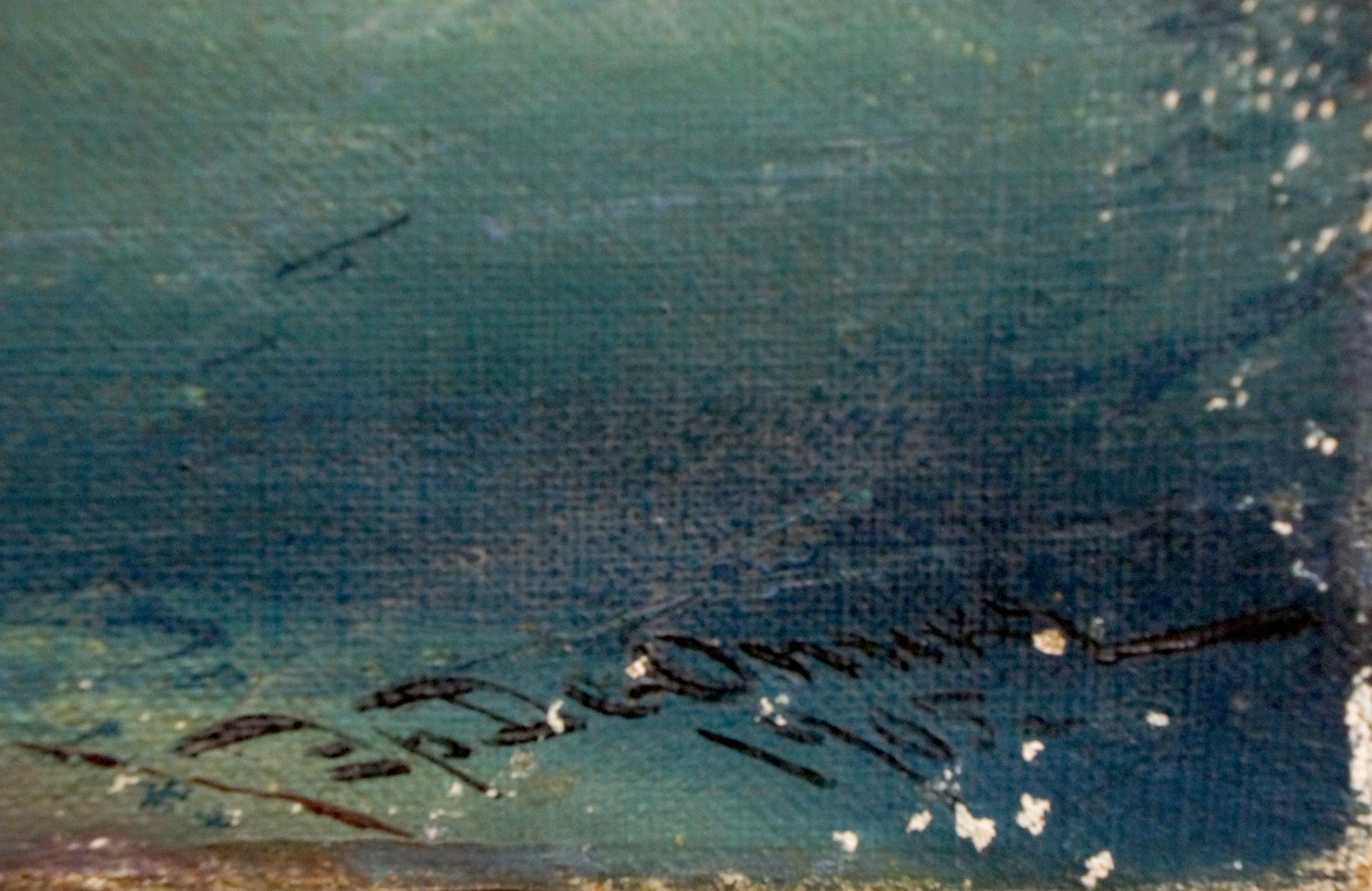 Teal-blue textured oil painting Night sea by unknown artist with dark signature