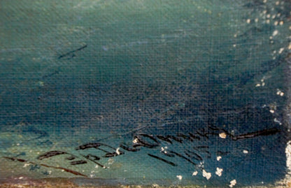 Teal-blue textured oil painting Night sea by unknown artist with dark signature